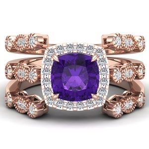 1.50ct, AAA Natural Amethyst Gemstone Engagement Ring set, Vintage Art deco Moissanite Ring Set, Purple Stone 3pcs Ring Set, Gift For Women