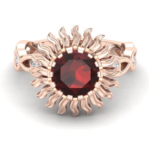 2.50cts Vintage Art deco Red Garnet gemstone Engagement Ring, Nature Inspired Ring, Antique Sunflower Ring For Her, Bridal Moissanite Ring