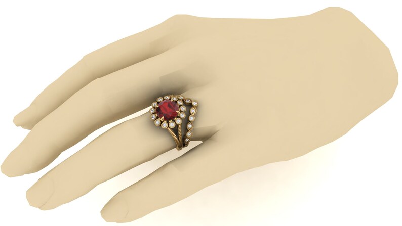 2.40ct AAA Natural Red Garnet /& Moissanite in 14K Yellow Gold Plated Engagement Ring Vintage Art Deco Antique Flower Ring for Women Gift