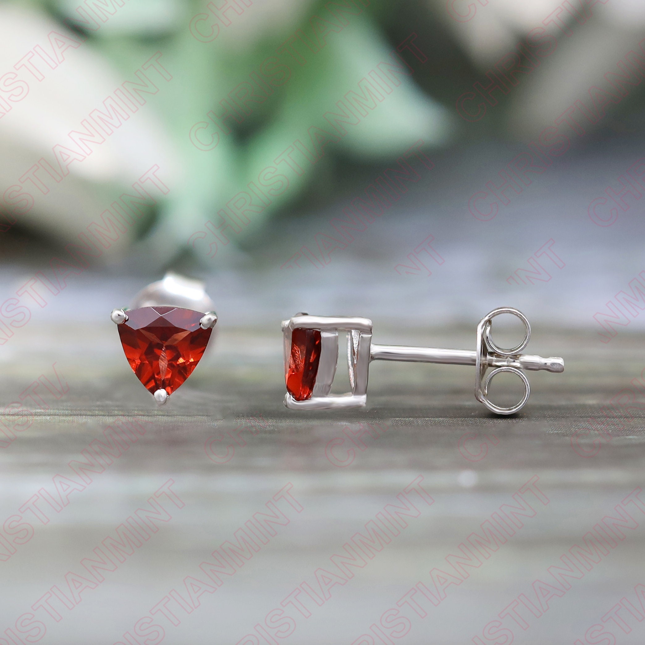 1.02 Cts. Natural Red Garnet Trillion Shape Studs Earring, Sliver