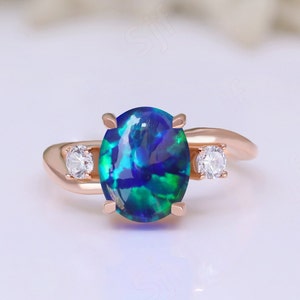 Oval Peacock Opal Gemstone Engagement Ring Vintage Art deco Bridal Moissanite Ring 14K Rose Gold 925 Silver Ring Promise Ring For Love