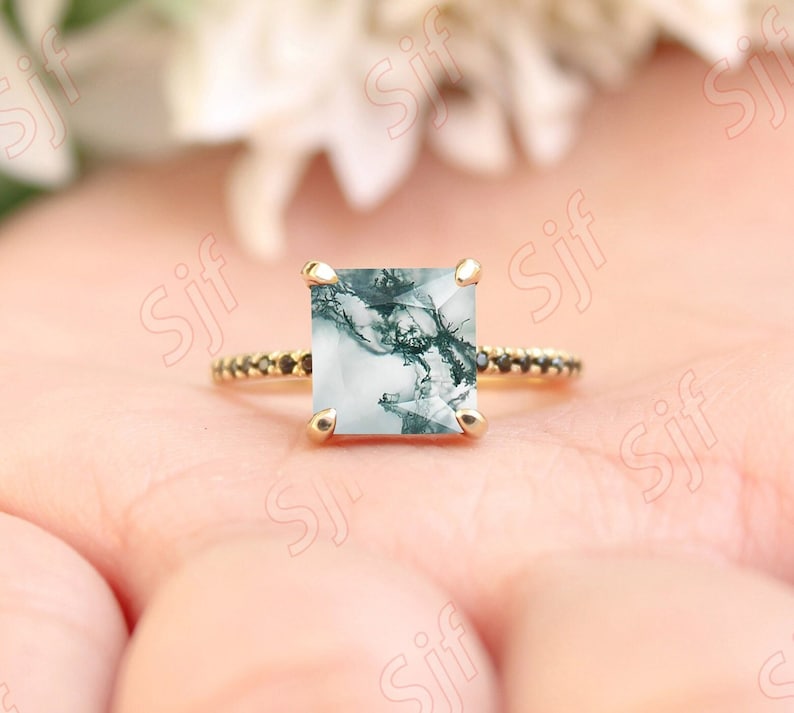 1,95 ct, natuurlijke AAA Moss Agate edelsteen trouwring, vierkante vorm Agaat stenen ring, vintage Art deco Spinal Ring 14K gouden verlovingsring afbeelding 1