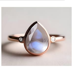 Pear Fire Moonstone Ring 925 Silver 14K Rose Gold Solitaire Ring Engagement Ring Wedding Ring Promise Ring Anniversary Gift Birthday Gift