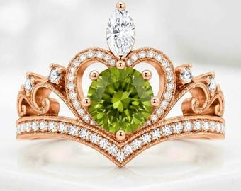 Peridot Moissanite Ring, 925 Sterling Silver Rose Gold Ring, Statement Ring, Engagement Crown Ring, Birthday Anniversary Gift For Her Love