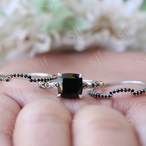 1.85ct, AAA Natural Black Onyx Gemstone Engagement Ring set, Art deco Black Spinal Ring Set, Black Stone 3pcs Ring Set, Gift For Valentine