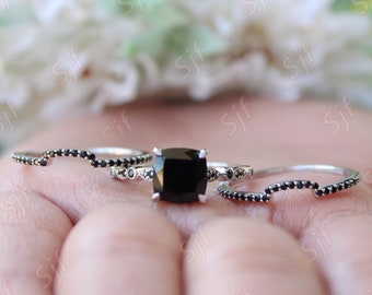 1.85ct, AAA Natural Black Onyx Gemstone Engagement Ring set, Art deco Black Spinal Ring Set, Black Stone 3pcs Ring Set, Gift For Valentine