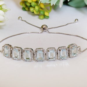 Octagon Natural Aquamarine Slider Bracelet, Solid 925 Silver Ready To Ship Bracelet For Gift, Bolo Bracelet, Handmade Jewelry Birthday Gift