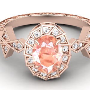 AAA Peach Morganite & Moissanite Rose Gold Engagement Ring, Halo Rose Gold Ring For Gift,Vintage Art Deco Halo Ring for Women Birthday Gift