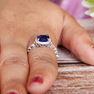 2.32 ct Lab Created AAA Blue Sapphire Bridal Ring Moissanite in Rhodium Plated Wedding Ring Unique Micro Set Art deco Ring for Anniversary image 3
