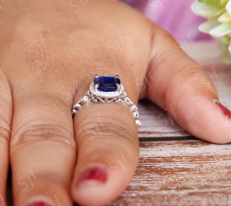 2.32 ct Lab Created AAA Blue Sapphire Bridal Ring Moissanite in Rhodium Plated Wedding Ring Unique Micro Set Art deco Ring for Anniversary image 3