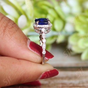 2.32 ct Lab Created AAA Blue Sapphire Bridal Ring Moissanite in Rhodium Plated Wedding Ring Unique Micro Set Art deco Ring for Anniversary image 4