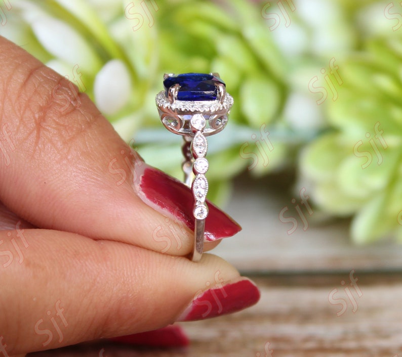 2.32 ct Lab Created AAA Blue Sapphire Bridal Ring Moissanite in Rhodium Plated Wedding Ring Unique Micro Set Art deco Ring for Anniversary image 4