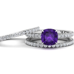 1.50ct, AAA Natural Amethyst Gemstone Engagement Ring set, Vintage Art deco Moissanite Ring Set, Purple Stone 3pcs Ring Set, Gift For Women