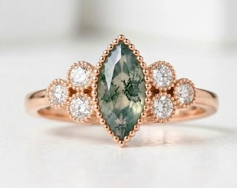 Moss Agate Moissanite Ring, 925 Sterling Silver Rose Gold Ring, Engagement Wedding Statement Ring, Promise Ring Bride's Maid Ring