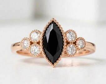 Black Onyx Moissanite Ring, 925 Sterling Silver Rose Gold Ring, Engagement Wedding Statement Ring, Promise Ring Bride's Maid Ring