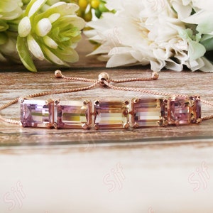9X7mm Natural Bio Color Ametrine Gemstone Bolo Bracelet,Box Chain Bracelet,Bio Colour Ametrine Bracelet, Woman&#39;s Jewelry, Gift For Valentine