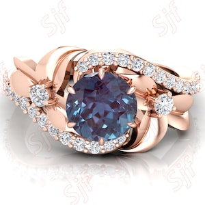 Round 8mm Alexandrite Wedding Ring, Alexandrite Engagement Ring For Her, June Birthstone, Antique Floral Nature Inspired Ring, Gift For Mom