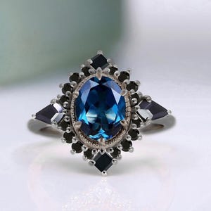 Oval London Blue Topaz Wedding Bridal Ring Engagement Ring Gothic Ring Halo Ring Anniversary Ring Black Rhodium Plated 925 Silver Ring