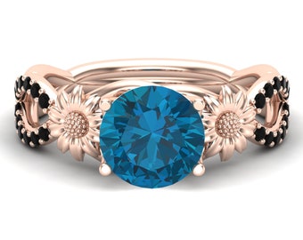 London Blue Topaz Engagement Ring: Rose Gold Plated with Black Spinel