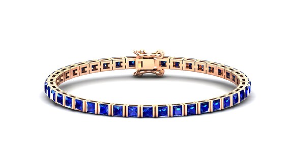 【国内配送込】二人を結ぶきらきらダブルノットブレスレット3色 Square 3.00mm Blue Sapphire Women Tennis Bracelet in Silver