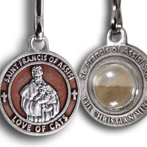 St Francis of Assisi 'Love of Cats' Brown Enamel Pet Medal with capsule of Assisi Soil