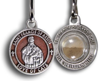 St Francis of Assisi 'Love of Cats' Brown Enamel Pet Medal with capsule of Assisi Soil