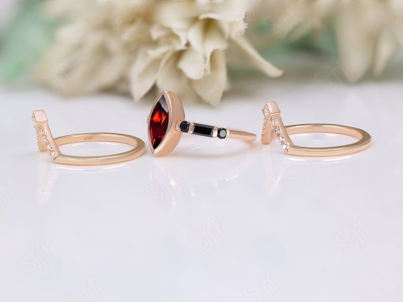 Marquise Red Garnet Gemstone Wedding Ring Set For Bride Art deco Red Garnet Ring Set Wedding Ring Set 14K Gold Garnet Rings 925 Silver Rings image 3