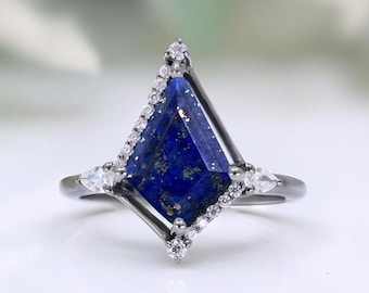 Kite Lapis Lazuli Ring, 14K Black Gold Art Deco Engagement Ring