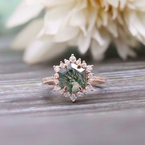 Hexagon Natural Moss Agate Gemstone 14K Rose Gold Plated 925 Silver Ready To Ship Engagement Ring Statement Promise Halo Gift For Her image 8