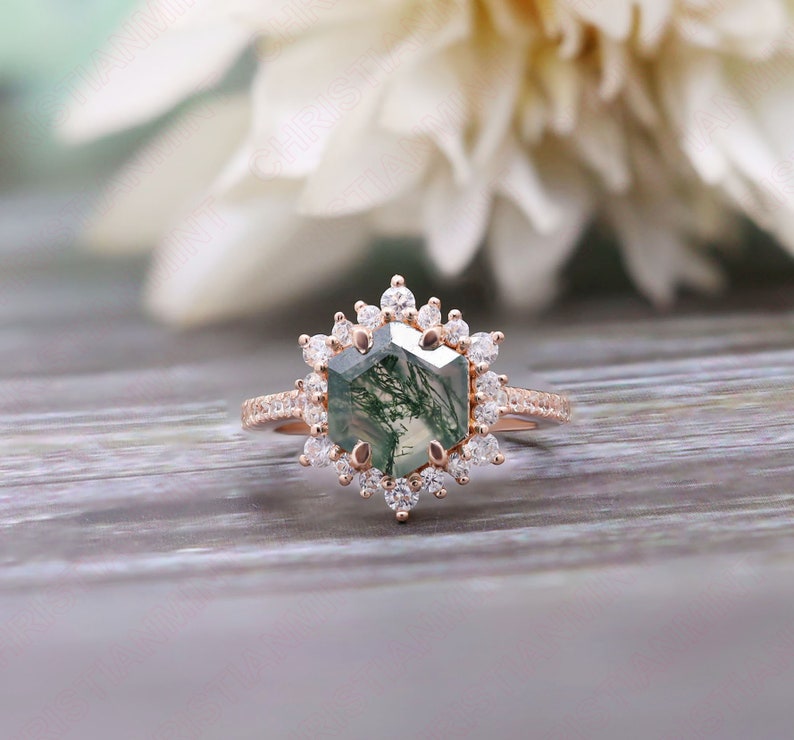 Hexagon Natural Moss Agate Gemstone 14K Rose Gold Plated 925 Silver Ready To Ship Engagement Ring Statement Promise Halo Gift For Her image 8