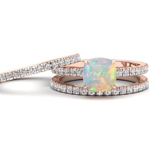 1.20ct, AAA Natural Opal Gemstone Engagement Ring set, Vintage Art deco Moissanite 3pcs Ring Set, Bridal Ring, Opal Stone Ring, Gift For Her