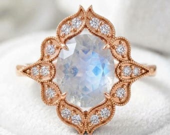 925 Sterling Silver Moonstone Ring Rose Gold Plated Moissanite Ring Engagement Wedding Ring Statement Ring Gift for Her Anniversary