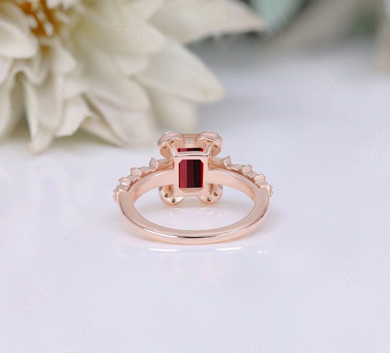 Natural Red Garnet Gemstone Engagement Ring, Art deco Bridal Moissanite Ring, Octagon Ring, Red Stone Ring, Gift For Valentine Day image 4