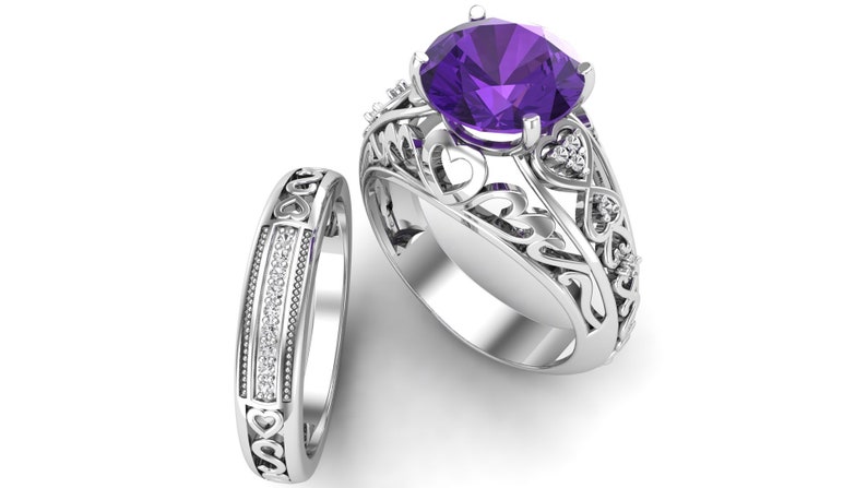 Bridal Moissanite Ring Set 2.88ct AAA African Amethyst Gemstone and Pave Set Engagement Ring Set Purple Stone Ring Christmas Gift For Her