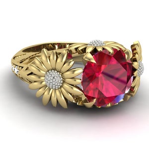 Lab Ruby Sunflower Ring, Floral Engagement Ring, Sterling Silver