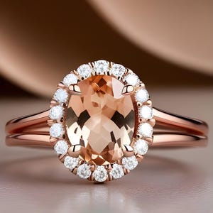 Anillo de compromiso con morganita ovalada, anillo de bodas, anillo de aniversario, regalo de cumpleaños, anillo de compromiso de plata 925 y oro rosa de 14 quilates.