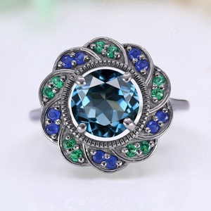 Round Natural London Blue Topaz Wedding Bridal Ring Vintage Art Deco Black Rhodium 925 Silver Wedding Ring Engagement Ring Promise Ring
