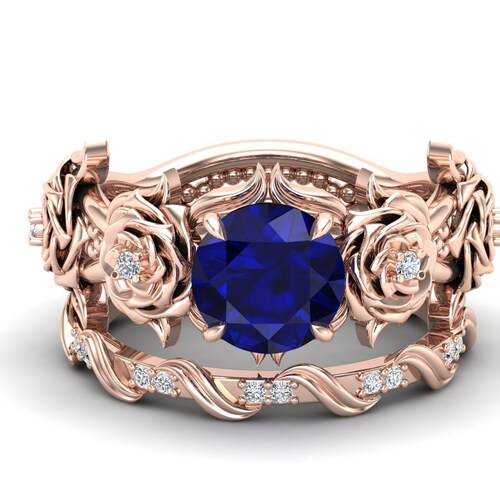 2.25 Cts. Blue sapphire Engagement Bridle Ring, moissanite ring, Vintage Art Deco ring, leaf ring, Floral Ring, Flower Ring, Solitaire shops Ring.
