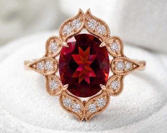 925 Sterling Silver Red Garnet Ring Rose Gold Plated Moissanite Ring Engagement Wedding Ring Statement Ring Gift for Her Anniversary