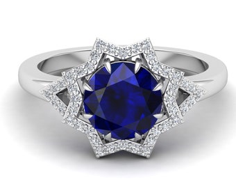 Anillo de compromiso: Halo de zafiro azul vintage - Plata de ley