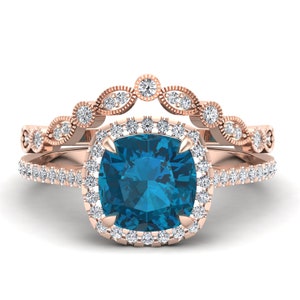 2.80ct,Natural London Blue Topaz Gemstone Engagement Ring set, Art deco Moissanite Ring Set, Blue Stone Ring Set, Gift For Her,Gift For Wife
