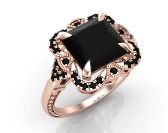 2.88ct Natural Black Onyx Round Shape in 14K Rose Gold Plated Engagement Ring, Vintage Art Deco Bridal Solitaire Ring Women Flower Ring
