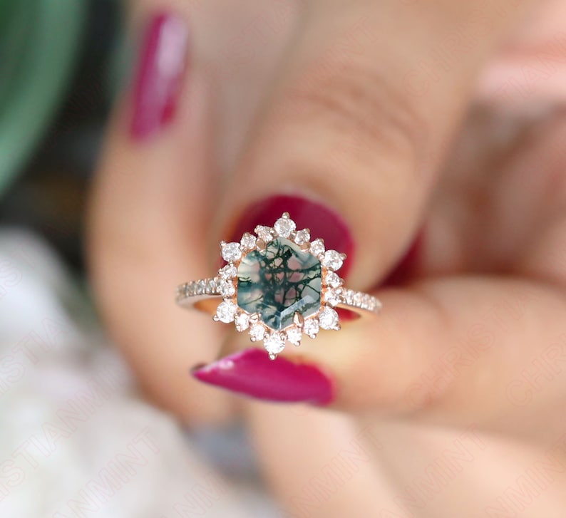 Hexagon Natural Moss Agate Gemstone 14K Rose Gold Plated 925 Silver Ready To Ship Engagement Ring Statement Promise Halo Gift For Her image 4