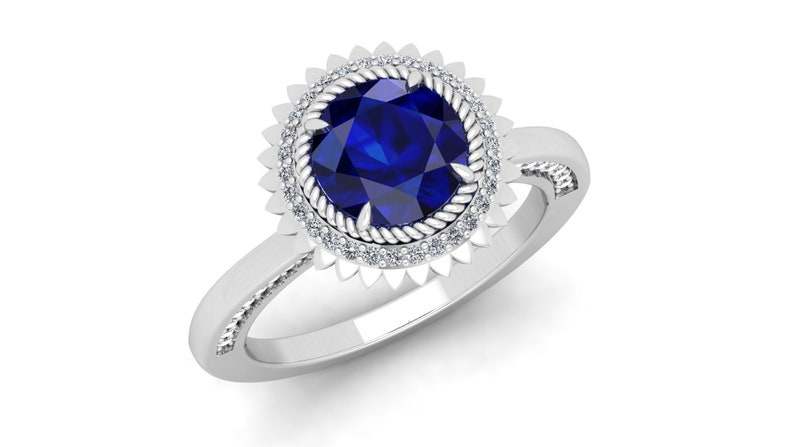 Flower Floral Ring Antique Vintage Art deco Round Blue Stone Ring Moissanite Ring 2.25cts Blue Sapphire Engagement Bridal Ring For Women