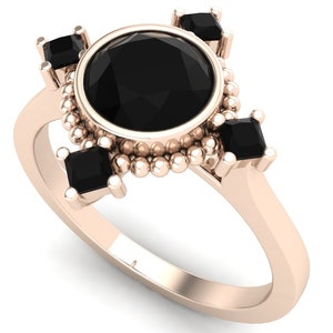 Vintage Art deco Round Shaped Black Onyx Engagement Ring, Floral Bridal Ring For Her, Moissanite Gold Wedding Ring For Wife Birthday Gift