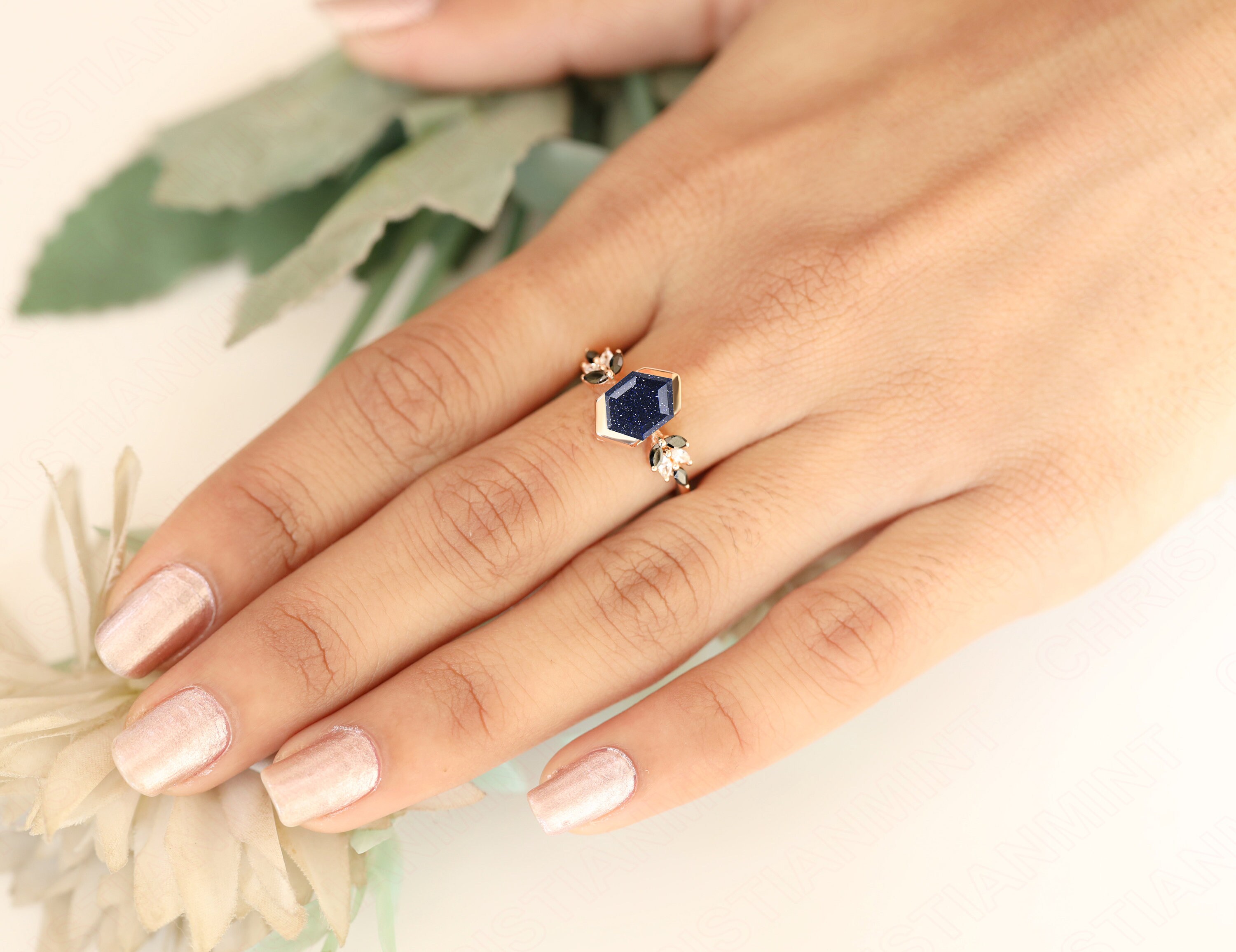 Natural Blue Sandstone Gemstone 14K Rose Gold Plated 925 Silver ...