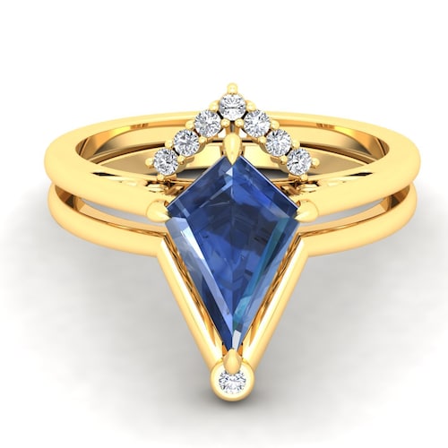 Shops 1.95cts Blue Sapphire Gemstone Engagement Ring Set, kite Shape Ring Set For Her, Vintage Art deco Bridal Moissanite Ring Set, Gift For Love.