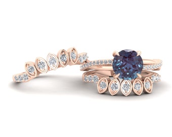 2.55cts,Vintage art deco Alexandrite Gemstone Wedding Ring Set, Antique 3pcs Ring Set For Her, Bridal Moissanite Ring Set, Gift for Birthday
