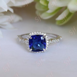 2.32 ct Lab Created AAA Blue Sapphire Bridal Ring Moissanite in Rhodium Plated Wedding Ring Unique Micro Set Art deco Ring for Anniversary image 7