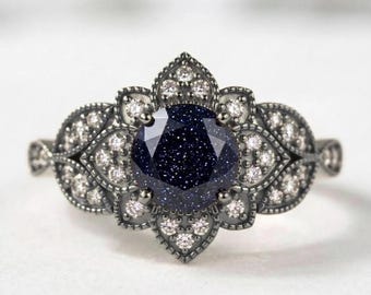 925 Sterling Silver Blue Sandstone Moissanite Ring, Black Rhodium Vintage Floral Ring, Art Deco Engagement Promise Statement Ring